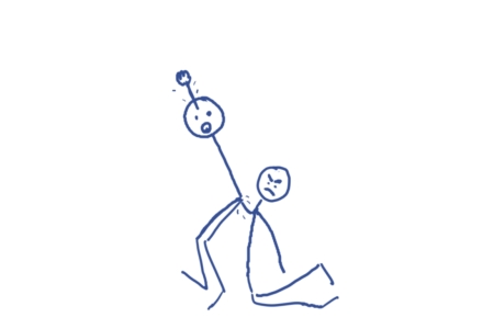 A stick figure with a fist shoved so far up his ass it pops out the top of his head.